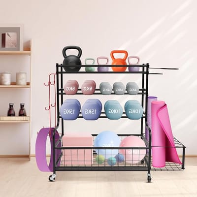 Opbergrek Sportapparatuur - Halterstandaard Organizer - Fitnessruimte Inrichten - Vier Etages Met Haken - 102 x 40 x 93 cm