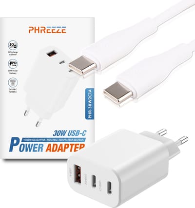 Usb C adapter 3 poorten + usb C kabel 1m - Usb / usb C oplader 30w - Usb stekker meerdere poorten - Usb snellader