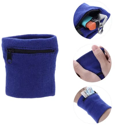 Blauw Polsbandje met rits - Polsband met opbergzakje - Zweetbandje met Rits - Voor Sport en Fitness - Sleutelzakje - 8 x 8 CM - Blauw - Festivaltasje - Festival polsband - CHPN
