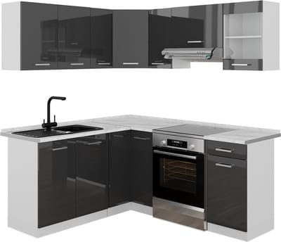 Vicco Hoekkeuken R-Line, Antraciet Hoogglans/Wit, 187 x 167 cm, WB Marmer