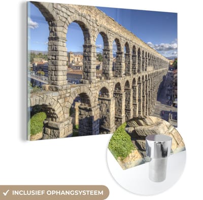 ® Glasschilderij 180x120 cm - Schilderij acrylglas - Blauwe lucht boven het aquaduct van Segovia op het Iberisch Schiereiland - Foto op glas - Muurdecoratie woonkamer - Wanddecoratie slaapkamer - Schilderijen