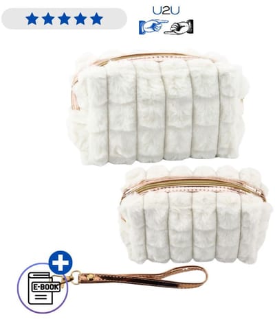Plush Make-up Tas Wit 20 cm Met Handvat Ruime Cosmetic Bag Met Rits En Polsband Met Ebook