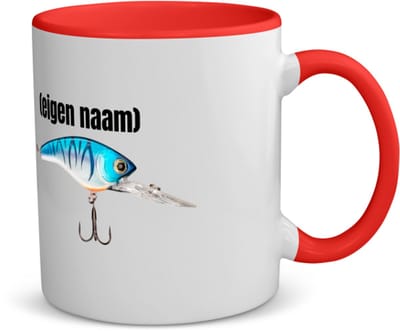 Akyol - visser haak met aas met eigen naam koffiemok - theemok - rood - Vissen - liefhebber van vissen - iemand die houdt van vissen - verjaardag - cadeau - kado - geschenk - 350 ML inhoud