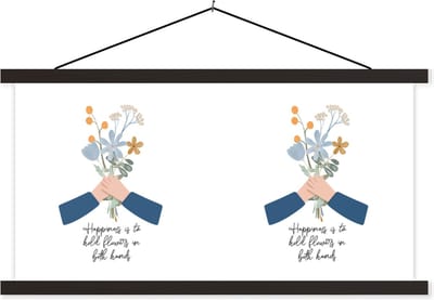 Posterhanger incl. Poster 60x30 cm - Schoolplaat - Happiness is to hold flowers in both hands - Quotes - Spreuken - Textielposter - Zwarte latten
