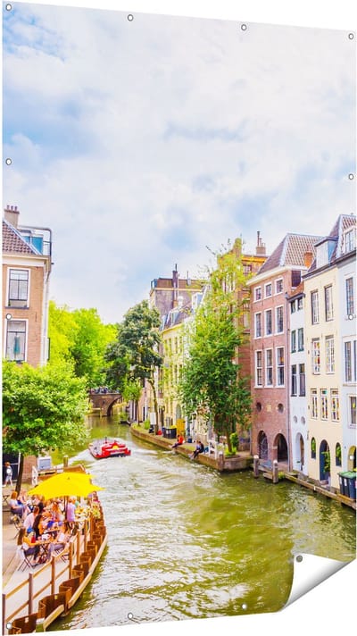 Gards Tuinposter Huizen aan de Oudegracht in Utrecht - 120x180 cm - Tuindoek - Tuindecoratie - Wanddecoratie buiten - Tuinschilderij
