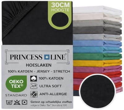 Princess Line- Comfortabel Ultra-Soft-Hoeslaken -100% katoen-Jersey -Stretch -Strijkvrij- Rondom elastiek-Hoekhoogte tot 30cm Eenpersoons -80x200-Zwart