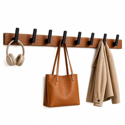PolkaHome Wandkapstok Hout met 8 Zwarte Haken - Moderne Wandhaak voor Jassen, Tassen, Handdoeken & Koptelefoon - Minimalistisch Design