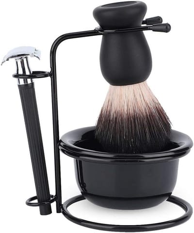Professionele Scheerset voor Mannen met Dubbele Scheermes, Borstel, Kom en Stand - Ideaal voor Baardverzorging en Nat Scheren, Perfect Cadeau voor Mannen