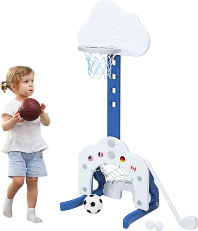 COSTWAY 3-in-1 Basketbal Hoepel set stand, Kleuter Basketbal Hoepel met 5 instelbare hoogte niveaus, Basketbal, Voetbal ,Golf Spel Set, Lichtgewicht & Stabiele Basketbal Hoepel Set, Binnen & Buiten Basketbal Hoepel Set Stand (Wit)