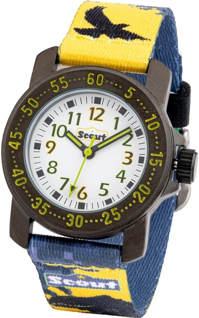 Scout Kinderuhr analog aus der Serie "Action" mit mehrfarbigem Textilband mit Dino-Motiven und Quarzwerk