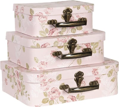Clayre & Eef Decoratie Koffer Set van 3 30x21x9/25x18x9/20x16x8 cm Roze Karton Bloemen
