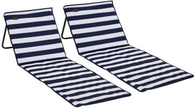 Set van 2 Opvouwbare strandmat Ligstoel Verstelbaar met draagtas en tijdschriftenzak gemaakt van staal en Oxford Blauw en wit