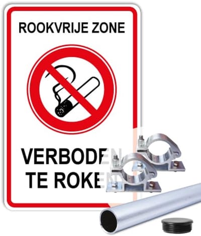 Bord Rookvrije zone - Verboden te roken - Weerbestendig Aluminium - 40x60 cm - Bevestiging: Met paal 150 cm + paalbeugels + paaldop