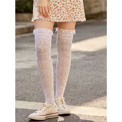 4 Paar Verpakking Kantrand Visnet Kniehoge Sokken Dames Vintage Holle Mesh Sokken One Size white