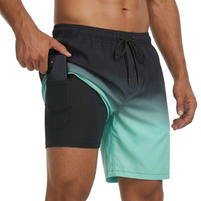 Zwart turquoise heren zwembroek met kleurverloop – heren zwem short met elastische tailleband en zwart trekkoord – strand zwembroek met binnenbroek en telefoon zak – sneldrogende zwem short voor strand en zwemmen – maat S