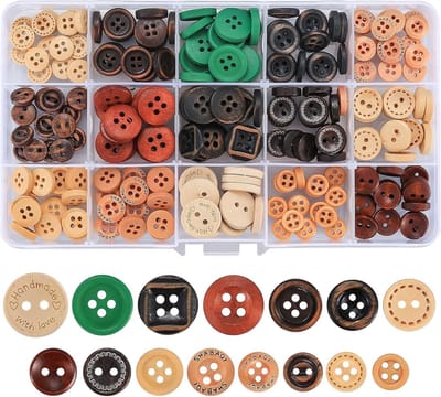 225 stuks Houten knoopjes - Knoopjes - 15 stijlen - Gekleurd - Mixed Setje - Voor Naaien - Hobby - Ronde knoppen met opbergdoos - Scrapbooking en decoreren - knoopjes voor handwerken zoals naaien en knutselen