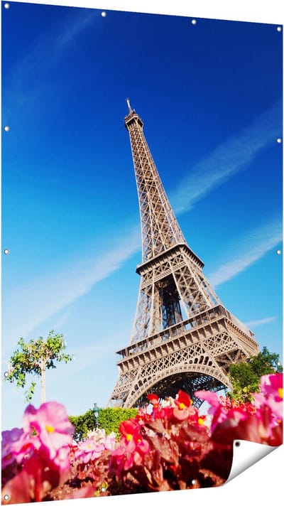 Gards Tuinposter Eiffeltoren in Parijs met Bloemen - 120x180 cm - Tuindoek - Tuindecoratie - Wanddecoratie buiten - Tuinschilderij