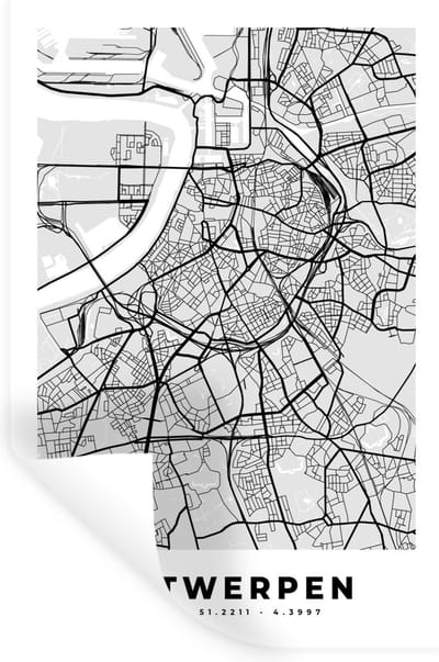 Muurstickers - Sticker Folie - Zwart Wit – België – Plattegrond – Stadskaart – Kaart – Antwerpen - 20x30 cm - Plakfolie - Muurstickers Kinderkamer - Zelfklevend Behang - Zelfklevend behangpapier - Stickerfolie
