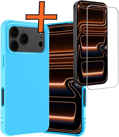 Hoes - Met Screenprotector - Geschikt voor Apple iPhone 17 Pro - Sterk & Shockproof - Back Cover - Siliconen Case - Telefoon Hoes - Lichtblauw