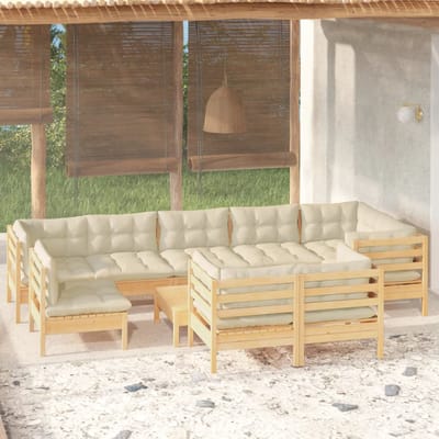 vidaXL - 10-delige - Loungeset - met - crèmekleurige - kussens - grenenhout