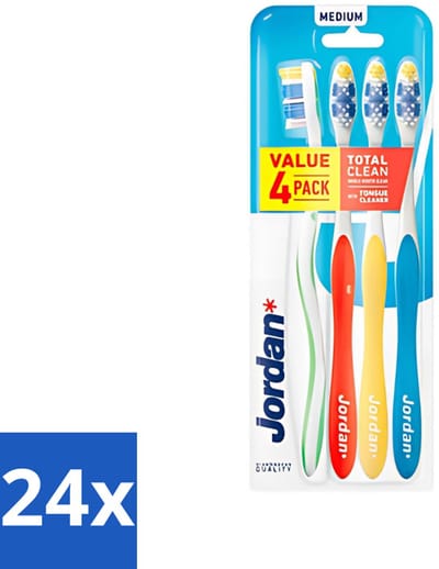 Jordan - Total Clean - Tandenborstels Medium - 4 Tandenborstels - Voordeelverpakking - 24 stuks