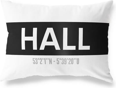 Tuinkussen HALL - GELDERLAND met coördinaten - Buitenkussen - Bootkussen - Weerbestendig - Jouw Plaats - Studio216 - Modern - Zwart-Wit - 50x30cm