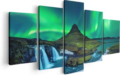 Artaza Canvas Schilderij Vijfluik Noorderlicht bij de Watervallen in IJsland - 100x50 - Foto Op Canvas - Canvas Print