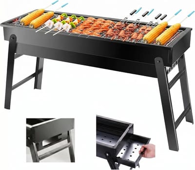 Draagbare houtskoolgrill - Lichtgewicht rookgrill - Compacte opvouwbare grill - Draagbare tafelbarbecue voor buiten - Geschikt voor kamperen, wandelen, picknicken en reizen - 60,96 cm x 33,02 cm x 22,86 cm - Zwart