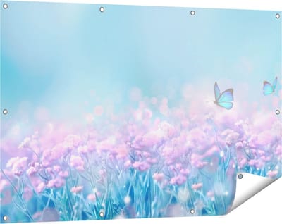 Gards Tuinposter Twee Blauwe Vlinders bij Roze Bloemen - 120x80 cm - Tuindoek - Tuindecoratie - Wanddecoratie buiten - Tuinschilderij
