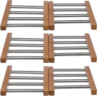 3x Stuks uitschuifbare/verstelbare pannen onderzetter bamboe/RVS 21 x 22 cm - Pannenonderzetter