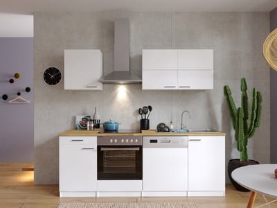 Goedkope keuken 220  cm - complete keuken met apparatuur Malia  - Wit/Wit - soft close - keramische kookplaat - vaatwasser - afzuigkap - oven    - spoelbak