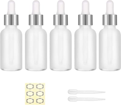 Set van 5 Transparante Frosted Glazen Flesjes van 30ml met Pipet - Lege Flessen voor Essentiële Olie, Parfum en DIY Projecten met Zilveren Deksel
