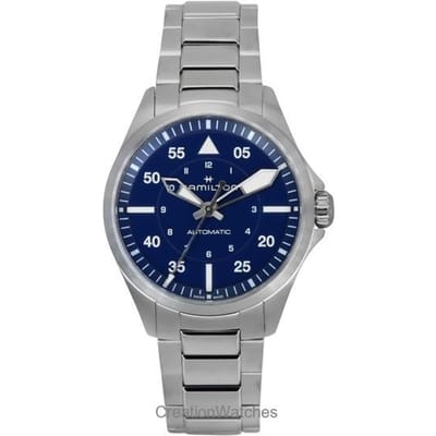 Hamilton Khaki Aviation Pilot roestvrijstalen horloge met blauwe wijzerplaat, automatisch uurwerk H76305140, waterdicht tot 100 meter. blauw