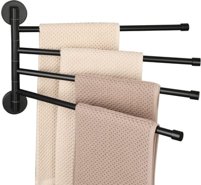 Dailygoods - Mooche Ronde handdoekhouder met 4 stangen 180° draaibaar, roestvrij staal, roestvrij en praktisch, handdoekhouder voor badkamer/keuken, wastafel, zwart
