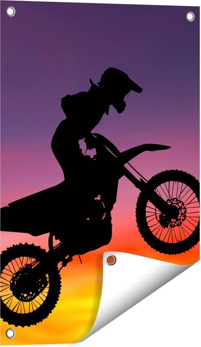 Gards Tuinposter Silhouet van een Motorcross in de Lucht - 40x60 cm - Tuindoek - Tuindecoratie - Wanddecoratie buiten - Tuinschilderij