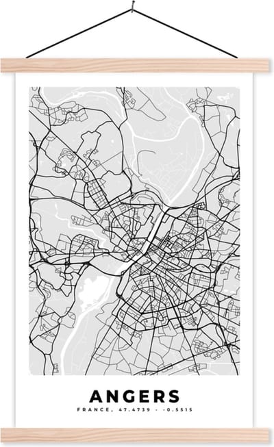 Posterhanger incl. Poster 40x60 cm - Schoolplaat - Angers - Plattegrond - Frankrijk - Kaart - Stadskaart - Textielposter - Blanke latten - Stadskaart