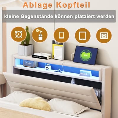Gestoffeerd bed 140x200 cm met USB-aansluiting en LED-verlichting - omkeerbaar hoofdeinde - verborgen voeteneinde - beige - zonder matras