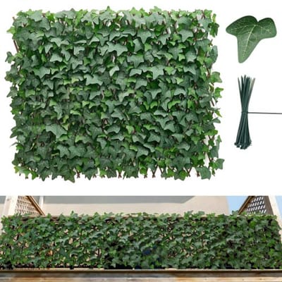 VEVOR kunsthaag 63,5x320 cm, plantenwand, uitschuifbaar privacyscherm, klimop privacyscherm, windscherm, haagafscheiding, kunstplanten balkonbekleding voor bruiloften, buitentuinen, achtertuinen