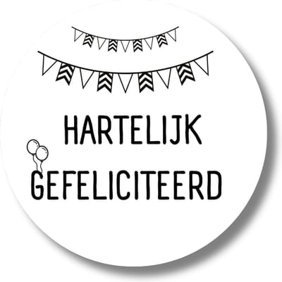 20 x Cadeaustickers Verjaardag | Hartelijk Gefeliciteerd | Stickervel | Jarig Trakteren Zwart Wit | 40 mm | Sluitstickers