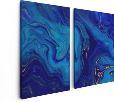 Artaza Canvas Schilderij Tweeluik Abstracte Kunst - Blauw met Gouden Verf - 80x60 - Foto Op Canvas - Canvas Print