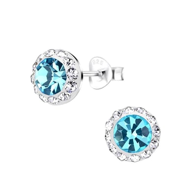 Joy|S - Zilveren oorbellen - kristal blauw - 9 mm - ronde elegante oorknoppen