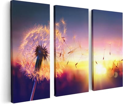 Artaza Canvas Schilderij Drieluik Paardenbloem Tijdens Zonsondergang - 120x80 cm - Wanddecoratie Woonkamer - Schilderijen - Muurdecoratie
