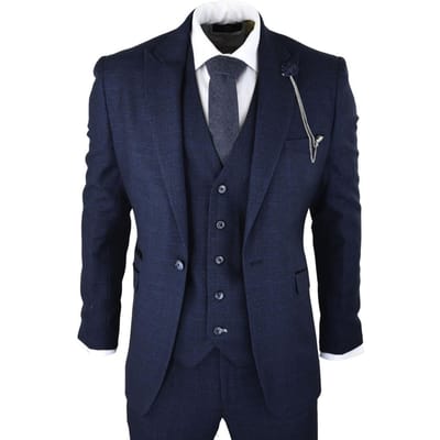 Heren 3-delig marineblauw geruit tweed retro klassiek pak