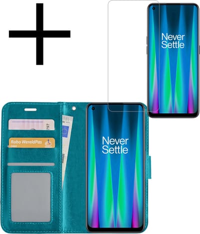 Hoesje - Met Screenprotector - Geschikt voor OnePlus Nord CE 2 Lite - Luxe Pasjeshouder - Bookcase Portemonee - Flip Case - Kunstleer Book Case - Flipcase - Book Cover - Walletcase - Portemonneehoes - Turquoise