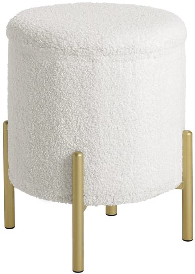 ITRONIQ Poef Met Opbergruimte - Opbergpoef Rond - Teddy Bouclé - Voetenbankje - Zitkruk - Met Gouden Poten - 150 Kg - Creme Wit