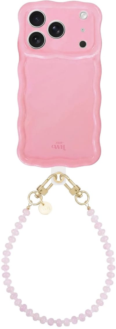 xoxo Wildhearts Glossy Wavy Case Bubble Blush - Dusty Pink (kort koord) - geschikt voor iPhone 17 Pro Max - hoesje met telefoonkoord - afneembaar koord - Kralenketting - kort telefoonkoord - hoesje met golven - Roze
