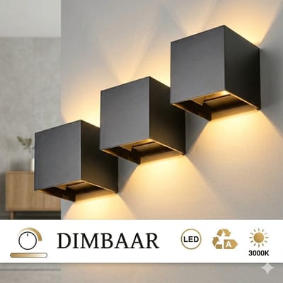LED Wandlamp dimbaar set van 3 - Zwart - 2x3 watt - 3000k warm wit - 10x10x10cm - Geschikt voor binnen en buiten - Kubus lamp - industrieel