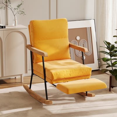 Schommelstoel met Voetsteun– Ergonomische Verpleegstoel in Linnen, Massief Hout & Metaalstructuur, Scandinavische Ontspanningsstoel voor Woonkamer/Slaapkamer (Geel)