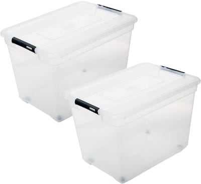 5Five opberg kist met deksel - 2x - Solutions Box - 100 liter - 67 x 48 x 46 cm - kunststof - transparant - met wielen