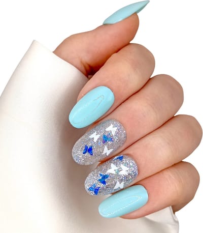 SD Press on Nails - B-15 - Plaknagels met nagellijm - Medium Ronde Kunstnagels - Blauw Zilver Vlinder - Set 20 Kunstnagels handgemaakt van gellak - Nagellak - Nepnagels - Accessoires - Nail Art - Kunst nagels